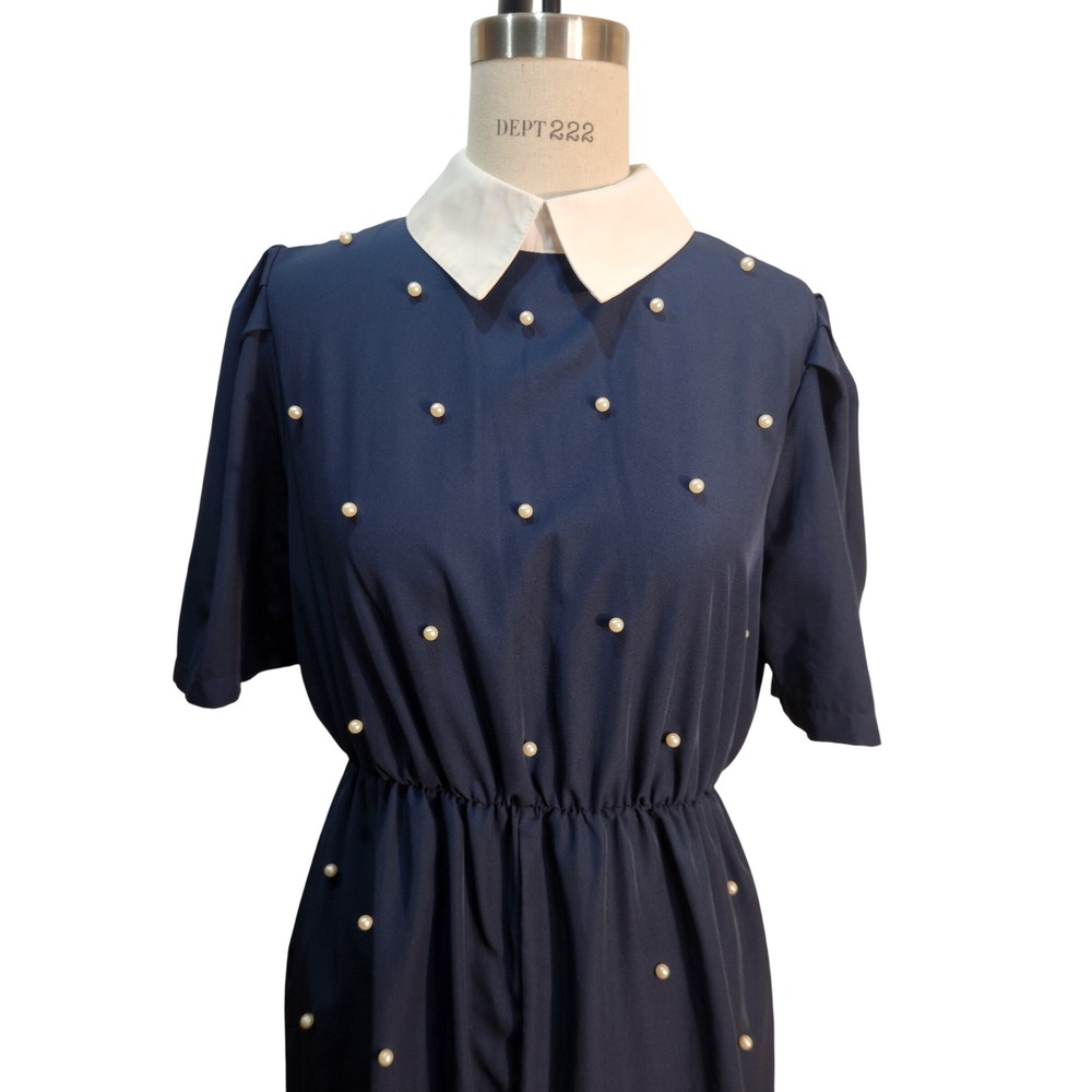 Handmade Navy Blue Pearl Beaded Romper White Collar Lace Trim‎ Shorts S